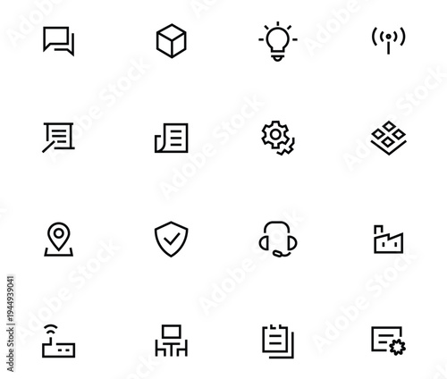 Corporate Business and Technology Line Icon Set including Lightbulb Idea, Secure Shield, Support Headset, Factory, WiFi Router, Settings Cog, and Document Certificate with Editable Stroke