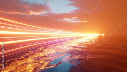 The concept of optical data is represented by abstract fluorescent lines on an orange background. High-speed and high-capacity data transmission is possible with fiber optics.