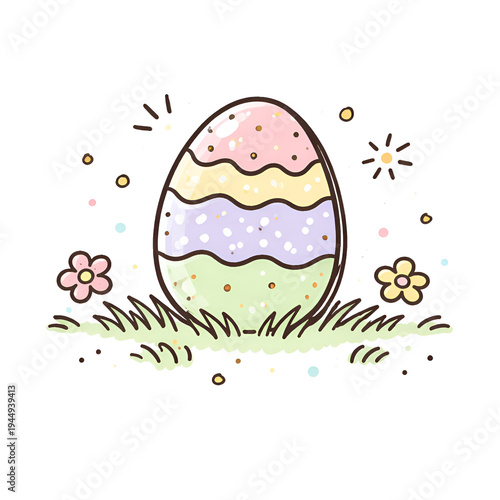 Happy Easter Flat Design Illustration of a Decorated Egg in Grass with Flowers