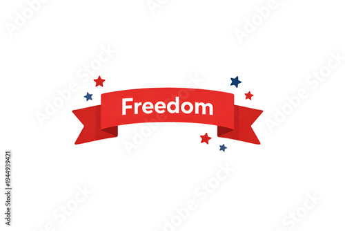 Flat design concept with a red banner and stars, symbolizing freedom, rendered in a simple, modern style