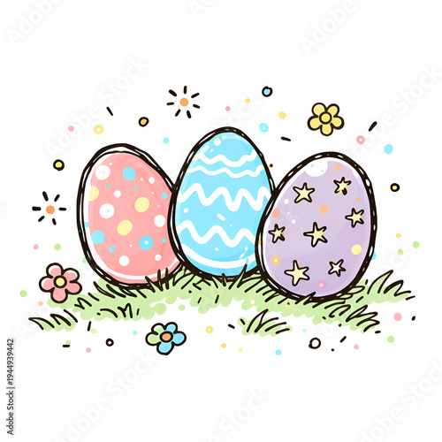 Festive Flat Design Easter Eggs Illustration with Grass and Flowers, Perfect for Holiday Celebrations
