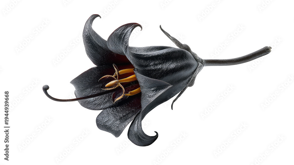 Naklejka premium Mysterious Nightshade: A single, captivating black flower unfurls, its intricate details and elegant structure against the plain background, highlighting its unique beauty and captivating allure.