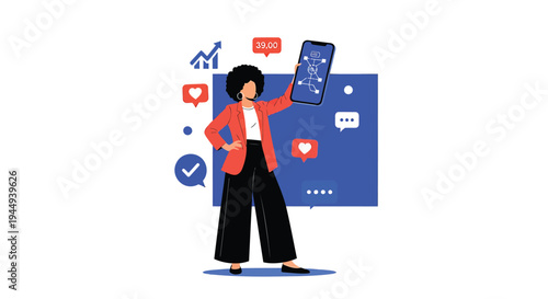 Vector illustration of woman interacting with mobile phone and social media icons