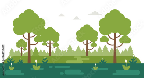 Trees standing in green landscape.