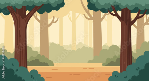 Trees standing on dirt forest path.