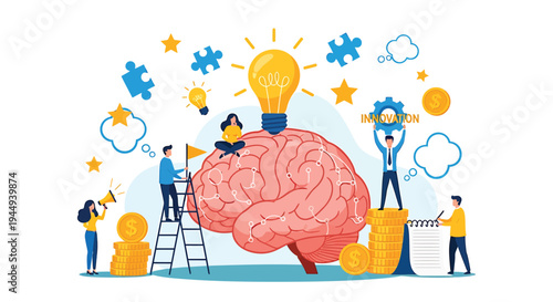 Vector illustration of people working around a brain with lightbulb and ideas