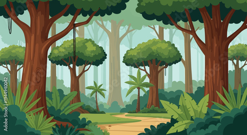 Trees with green leaves and trunks.