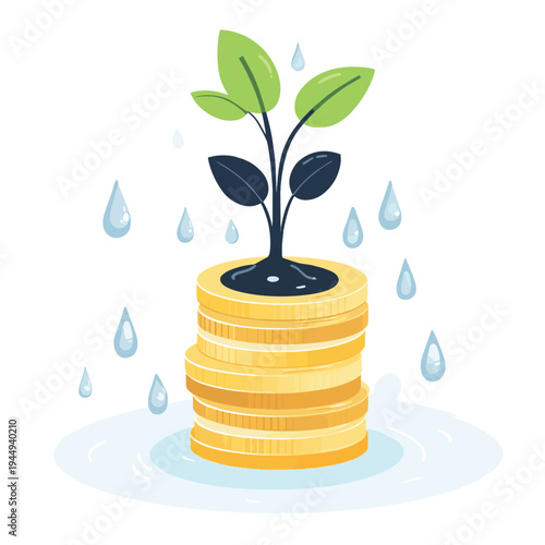 A stack of coins with a small plant growing from the top, accompanied by droplets of water, symbolizes growth, prosperity, and sustainability. , vector style simple color