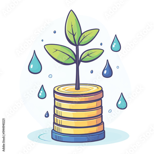 A stack of coins with a small plant growing from the top, accompanied by droplets of water, symbolizes growth, prosperity, and sustainability. , vector style simple color