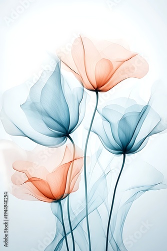 Elegant Transparent Flowers with Soft Blue and Coral Petals Against a Light Background