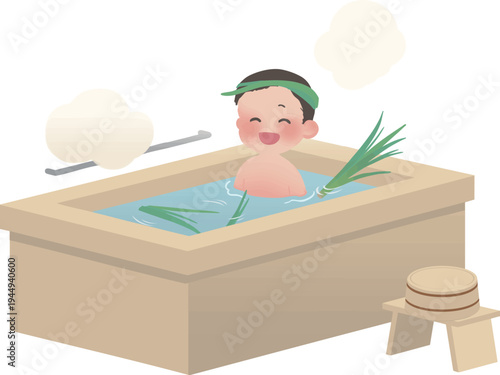 端午の節句の菖蒲湯に入る子供（頭に菖蒲を巻いた入浴習慣）日本の伝統文化ベクターイラスト