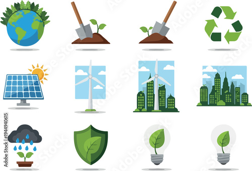 Collection of eco-friendly symbols and icons representing sustainability, renewable energy, and environmental protection