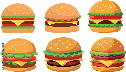 Delicious cheeseburger vector illustration with lettuce tomato and sesame seed bun in flat style