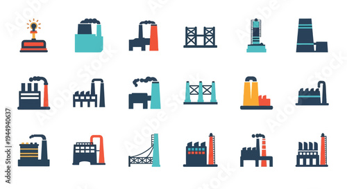 Colorful flat design icons depicting various industrial factories and structures