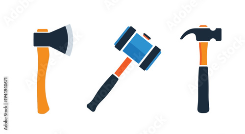 Three tools an axe a gavel and a claw hammer displayed together
