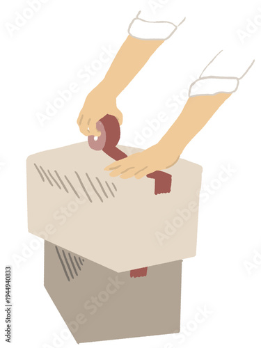 新生活の準備でダンボールに封をする手元のベクターイラスト　引越し・荷造り・整理整頓