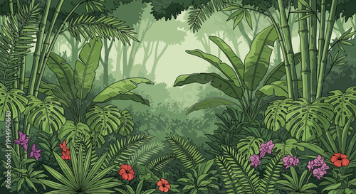 Tropical plants with colorful flowers.