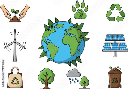 Eco-friendly illustration of Earth with renewable energy symbols and nature elements, symbolizing environmental conservation and sustainability