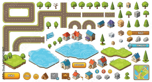 Cartoon city building elements roads houses trees and landscape features