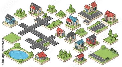 Isometric town set with houses roads and green landscape elements