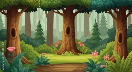 Trunks of large trees with holes.