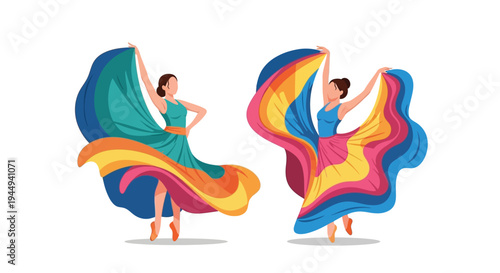 Two flamenco dancers gracefully pose with colorful flowing dresses and shawls