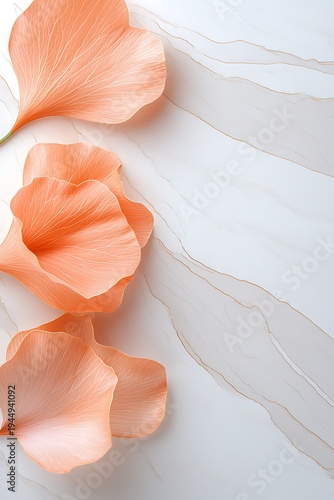 Delicate Peach Petals Arranged Elegantly on a Light Marble Background with Subtle Veins