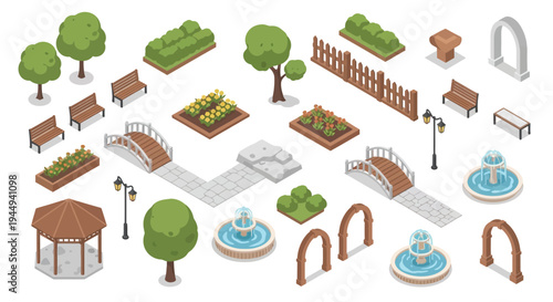 Isometric park elements including trees benches bridges and a fountain