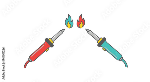 Two soldering irons facing each other with flames illustration style