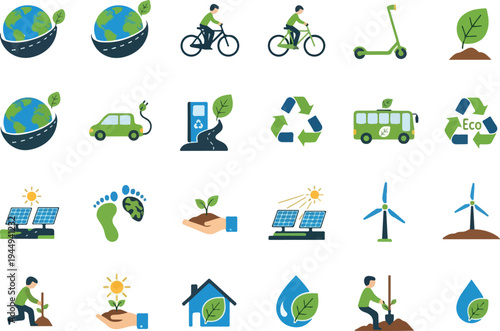 Eco-friendly concepts and icons representing sustainability, green energy, and conservation efforts