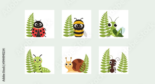 Six square illustrations of cute insects and a snail with green foliage