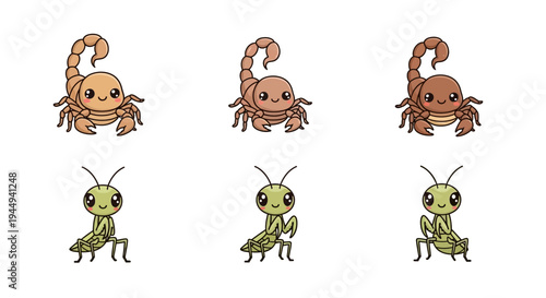 Three pairs of cartoon scorpions and praying mantises in different shades