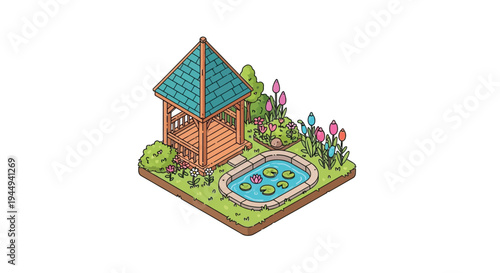 Isometric garden scene featuring a gazebo and small pond with lilies
