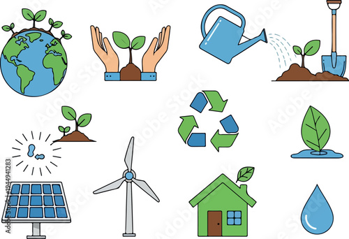 Eco-friendly living and sustainability icons representing green energy, conservation, and environmental protection with a focus on renewable resources and a healthy planet