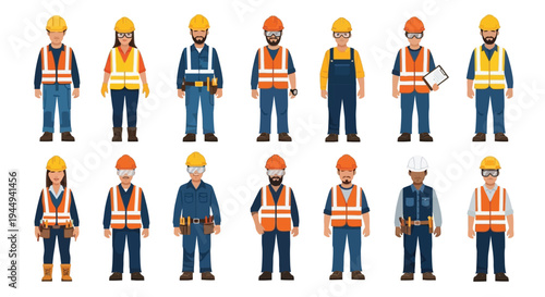 Diverse group of construction workers wearing safety vests and hard hats