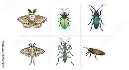 Six detailed illustrations of various nocturnal insects arranged in a twobythree grid