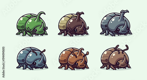 Six cute chubby rhinoceros beetle illustrations in green brown and gray