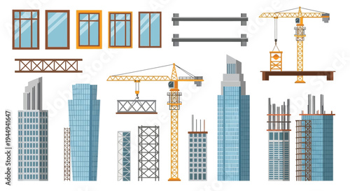 Construction elements cranes buildings girders and window frames illustrated
