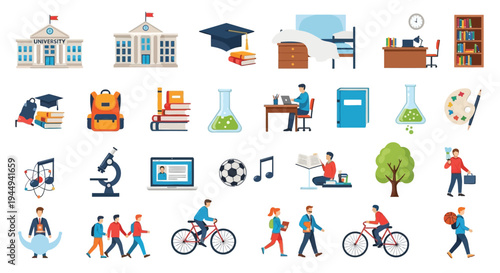 Colorful icons depicting university life education and various student activities