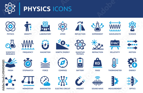 Physics icon set, containing atom, science, laboratory, magnet, experiment and more. Solid vector icons collection.