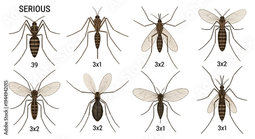 Eight illustrations of mosquitoes labeled with codes under the heading SERIOUS