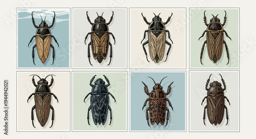 Eight illustrations of various brown and black aquatic insects against colored backgrounds