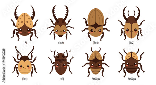 Eight Kawaiistyle cartoon beetles arranged in two rows with quantity notations