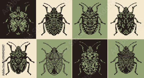 Eight stylized stink bug illustrations in brown and green tones on varied backgrounds