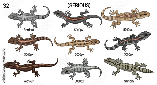 Nine illustrations of geckos with varying color patterns some showing skeletal structure
