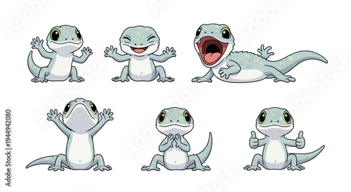 Six cartoon geckos in various poses against a white background