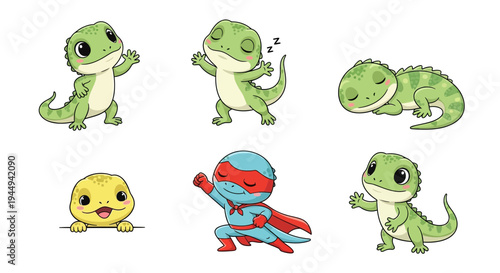 Six cartoon illustrations of cute green and yellow lizards in various poses