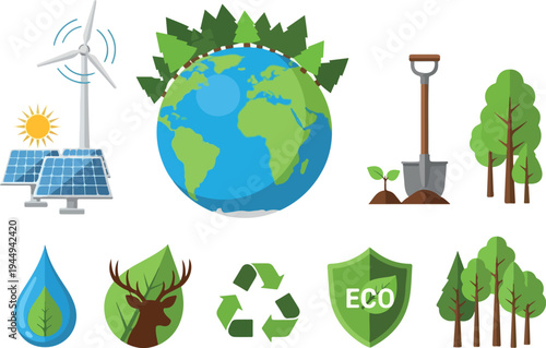 Collection of eco-friendly icons representing nature, renewable energy, and environmental protection