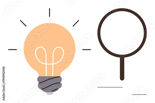 Creativity, innovation, research, analysis, problem-solving, knowledge exploration. A light bulb and a magnifying glass in clean design. Creativity and research with symbolic icons