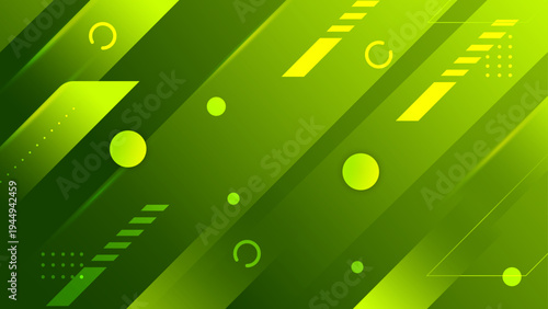 Vibrant green abstract background with geometric lines and circles representing growth innovation and eco technology